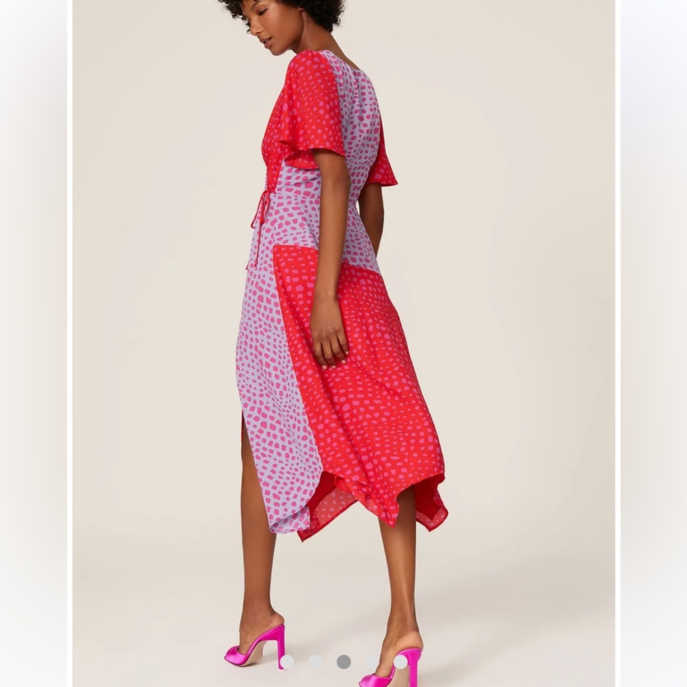 Bold colorblocking complements, handkerchief wrap dress by Adelyn Rae.